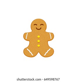 Happy cartoon gingerbread man cookie. Christmas greeting card element. Modern flat style vector illustration