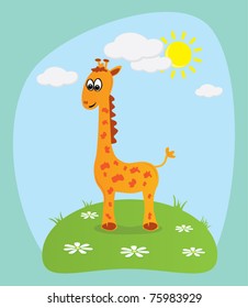 Happy cartoon giraffe in the grass