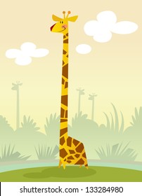 A happy cartoon giraffe standing in the grass smiling