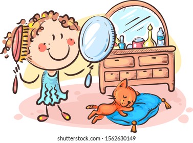 Happy cartoon girl combing her hair, vector illustration