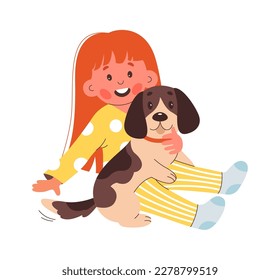 Happy cartoon girl cuddle beagle puppy flat icon. Vector illustration