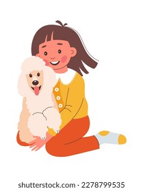 Happy cartoon girl cuddle corgi puppy flat icon. Vector illustration