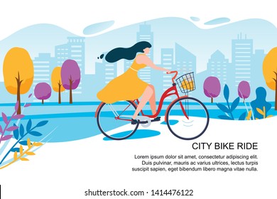 Happy Cartoon Girl Cyclist Ride Bike on City Street Vector Illustration. Woman in Dress with Bicycle. Town Building Park Tree. Urban Transport. Outdoors Activity. Female Fitness Healthy Lifestyle