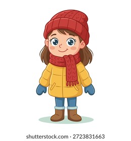 A happy cartoon girl dressed in a yellow coat, red scarf, red hat, and blue mittens, ready for winter.