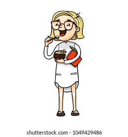 Happy cartoon girl eating a coconut ice cream. Vector isolated hand drawn character.