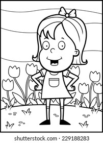 A happy cartoon girl in a flower garden.
