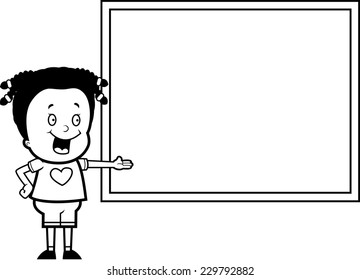 A happy cartoon girl in front of a blackboard.