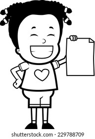 A happy cartoon girl holding a piece of paper.