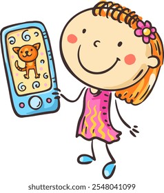 Happy cartoon girl holding smartphone. Doodle kid using gadget, children and electronic devices, digital technology. Isolated character, vector illustration