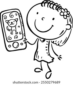 Happy cartoon girl holding smartphone. Outline doodle kid using gadget, children and electronic devices, digital technology