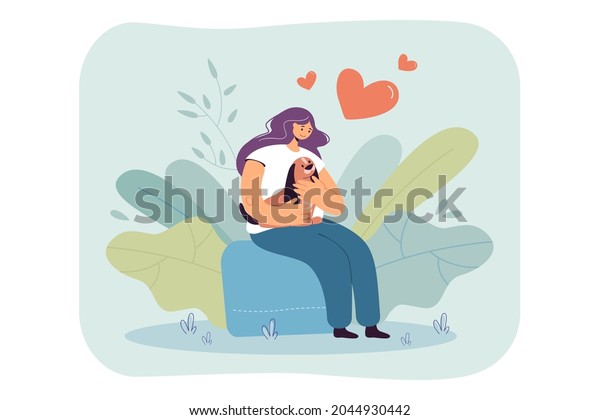 Happy cartoon girl hugging cute puppy. Dog sitting\
on lap of female owner flat vector illustration. Pets, love, care,\
domestic animals concept for banner, website design or landing web\
page
