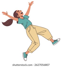 Happy Cartoon Girl Jumping in Casual Outfit - Vector Illustration