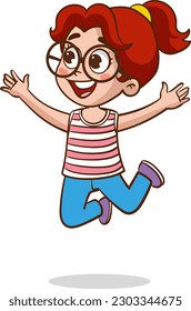 Happy cartoon girl jumping isolated on white background. Vector clip art illustration.