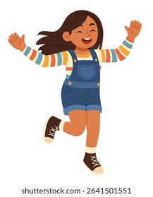 Happy cartoon girl jumping with joy, wearing colorful striped long-sleeve shirt, denim overalls, and sneakers. Cheerful flat vector illustration perfect for children’s books, educational materials,