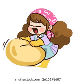 Happy Cartoon Girl Kneading Dough with Heart Headscarf