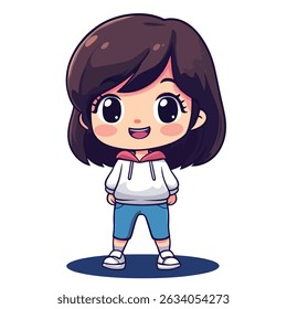 A happy cartoon girl with large eyes, brown hair, wearing a white hoodie, blue shorts, and white sneakers.