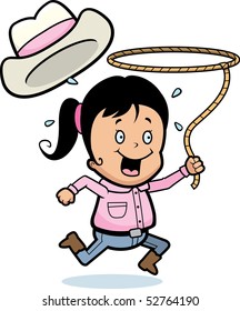 A happy cartoon girl with a lasso.