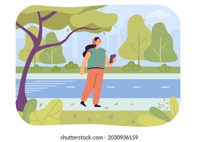 Happy cartoon girl listening to music on phone on street. Female city dweller in headset walking outside flat vector illustration. Outdoor activity, leisure, traveling concept for banner, landing page