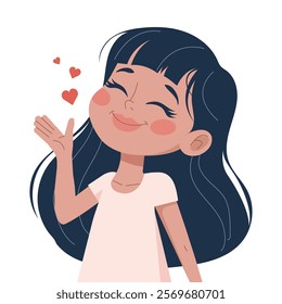 Happy cartoon girl in love sends an air kiss. Vector, flat illustration. No artificial intelligence was used to create the illustration.
