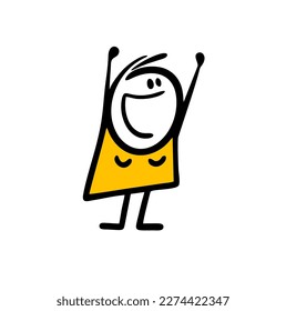 Happy cartoon girl meeting guests with rising up hands and shouts. Vector illustration of funny doodle female character with great positive emotions.