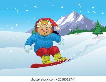 Happy Cartoon girl playing snowboard