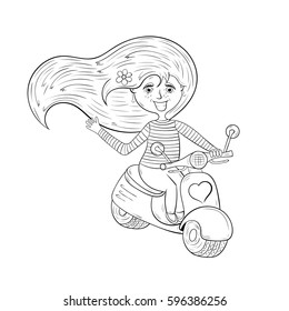 happy cartoon girl rides on a motor scooter. Coloring book. vector.