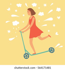 Happy cartoon girl riding kick scooter. Including decorative elements such as clouds, stars, splash, birds. Childish illustration for your design.