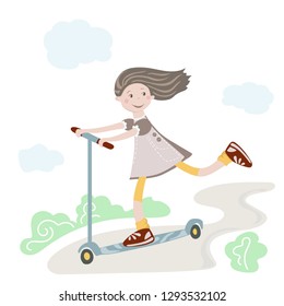 Happy cartoon girl riding a scooter. Kid playing outdoor. Summer sports. Active childhood.