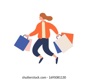 Happy cartoon girl running with shopping bag during sale vector flat illustration. Joyful colored buyer woman jumping carrying package isolated on white. Crazy shopaholic female enjoy discount