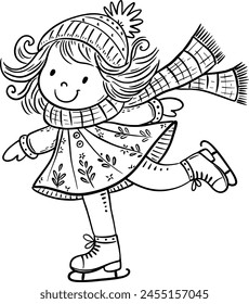 Happy cartoon girl scating on ice in winter. Kid activities clipart. Isolated outline vector illustration. Coloring page