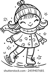 Feliz niña de dibujos animados patinando sobre hielo. Clipart de actividades de invierno para niños. Ilustración vectorial de contorno aislada