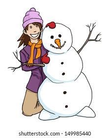 happy cartoon girl with a snowman, vector illustration