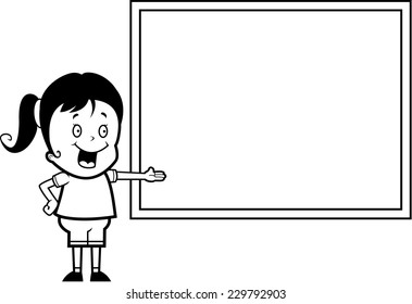 A happy cartoon girl standing next to a chalkboard.