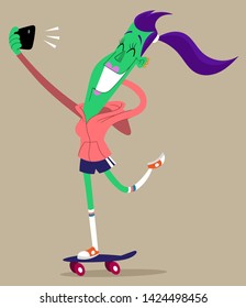 Happy cartoon girl taking selfie skateboarding
