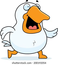 A happy cartoon goose walking and smiling.