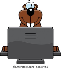 A happy cartoon gopher with a computer.