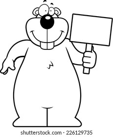 A happy cartoon gopher with a sign.