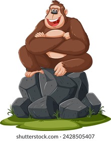 A happy cartoon gorilla sitting atop stone boulders.