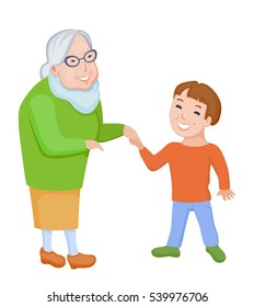 Happy cartoon grandmother and her little cartoon grandson communicate together with pleasure