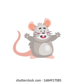 Happy Cartoon gray mouse. Vector illustration on a white background.