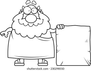 A happy cartoon Greek philosopher with a stone tablet.