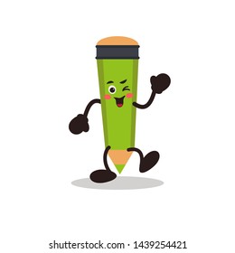 Happy cartoon green pencil character. Vector illustration can be used for sticker, patch, phone case, poster, t-shirt, mug and other design. Education concep. 