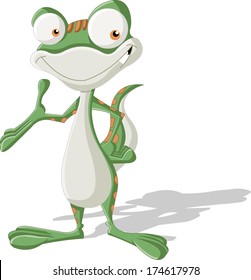 Happy cartoon green spotted gecko smiling