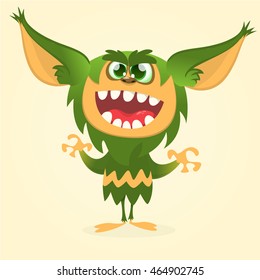 Happy cartoon gremlin monster. Halloween vector goblin or troll with green fur and big ears 