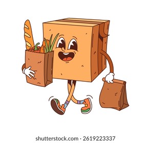Happy cartoon groovy delivery cardboard box character walking with a grocery bag filled with bread and vegetables in one hand and a paper bag in the other. Fun, cheerful packing courier personage
