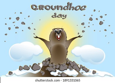 Happy cartoon groundhog came out of the hole skattering stones.