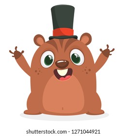 Happy Cartoon Groundhog On His Day With Mayor Hat. Vector Illustration