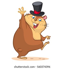 Happy Cartoon Groundhog On His Day With Mayor Hat. Vector Illustration With Cute Marmot Waving. Happy Groundhog Day Theme
