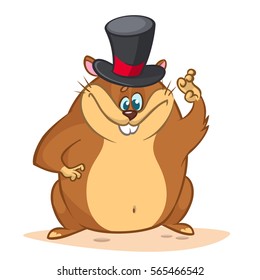 Happy cartoon groundhog on his day with mayor hat. Vector illustration with cute marmot mascot character waving. Happy Groundhog Day Theme