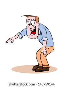 A happy cartoon guy smiling and pointing at something